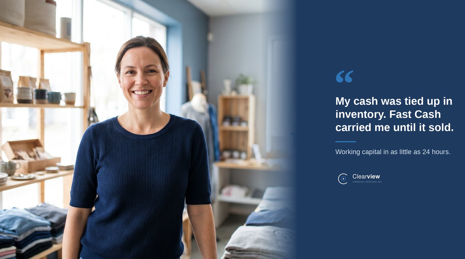 Fast Cash from Clearview gave a retail shop owner working capital while her cash was tied up in inventory, until it sold.
