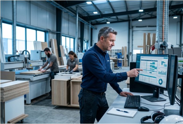 Manufacturing shop floor with production dashboard